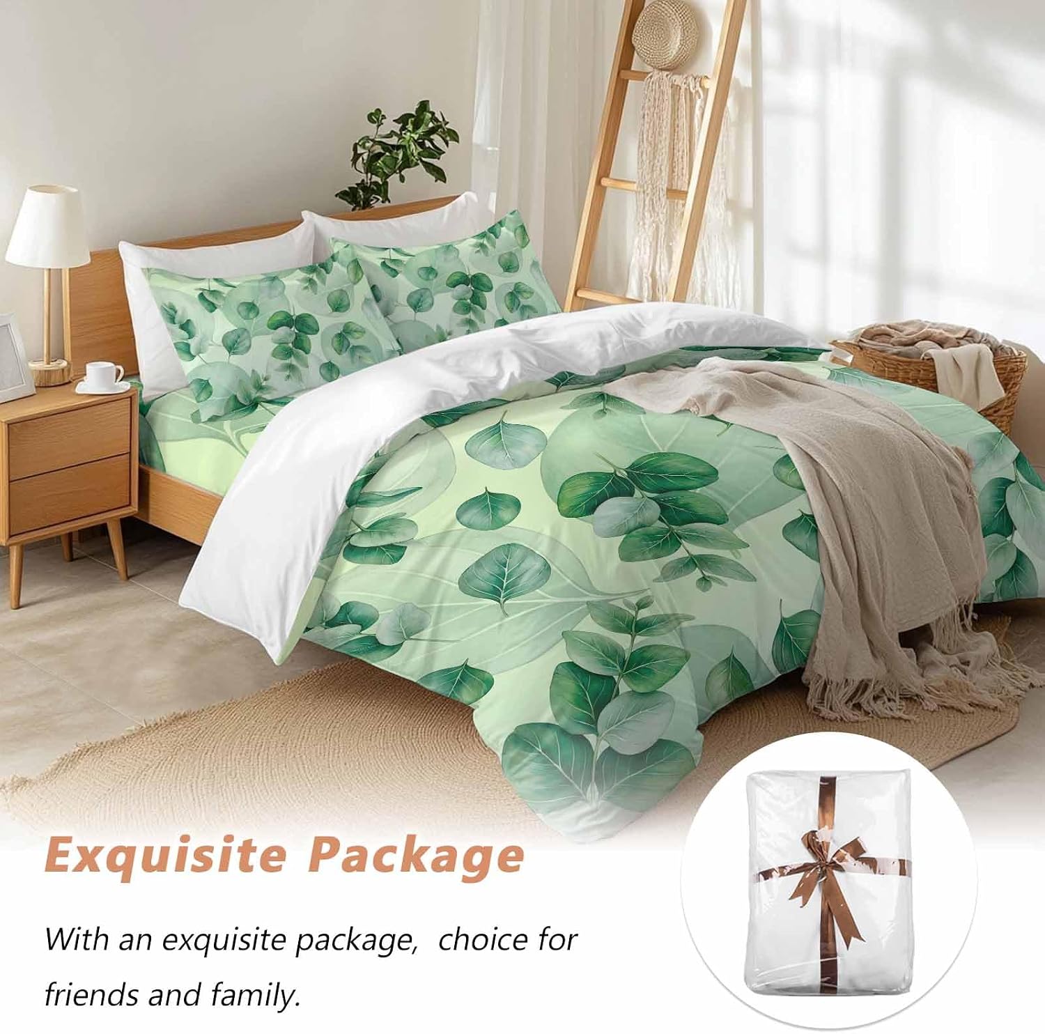 Green Leaf Duvet Cover Set Queen Size 4 Pieces Summer Green Eucalyptus Leaves Plants Farmhouse Bedding Set with Zipper Closure, 1 Comforter Cover 86x86 Inches 1 Flat Sheet & 2 Pillow Cases