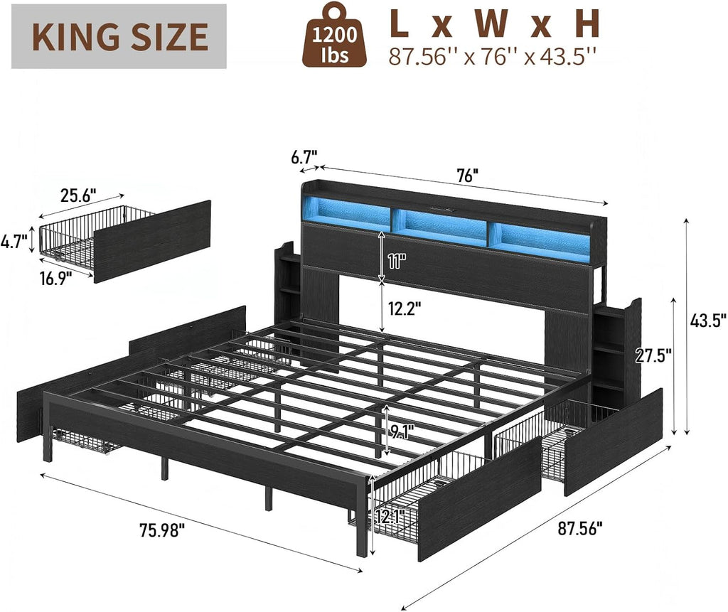 King Size Bed Frame with 4 Storage Drawers & 2 Hidden Nightstands, Platform Bed with RGB LED Lights & USB Charging Station, No Box Spring Needed, Noise-Free, Black