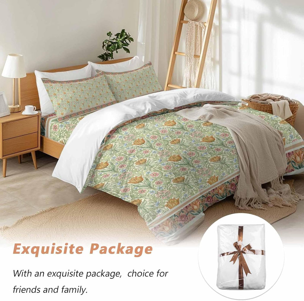 Prime Leader Flowers Duvet Cover Set Queen Size 4 Pieces Ethnic Abstract Yellow Pink Floral Green Leaf Bedding Set with Zipper Closure, 1 Comforter Cover 90x92 Inches 1 Flat Sheet & 2 Pillow Cases