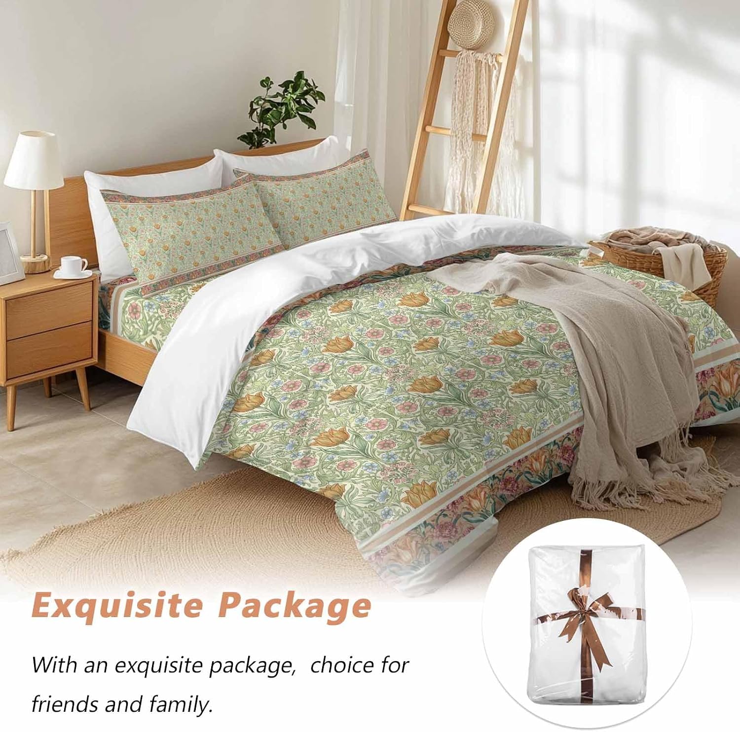 Prime Leader Flowers Duvet Cover Set Queen Size 4 Pieces Ethnic Abstract Yellow Pink Floral Green Leaf Bedding Set with Zipper Closure, 1 Comforter Cover 90x92 Inches 1 Flat Sheet & 2 Pillow Cases