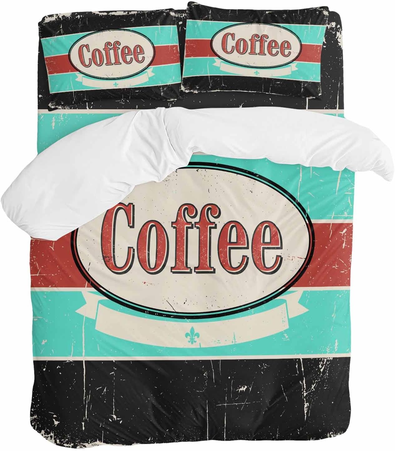 Coffee Duvet Cover Set Queen Size 4 Pieces Shabby Chic Blue Red Stripes Letter Print Casual Vintage Bedding Set with Zipper Closure, 1 Comforter Cover 90x92 Inches 1 Flat Sheet & 2 Pillow Cases