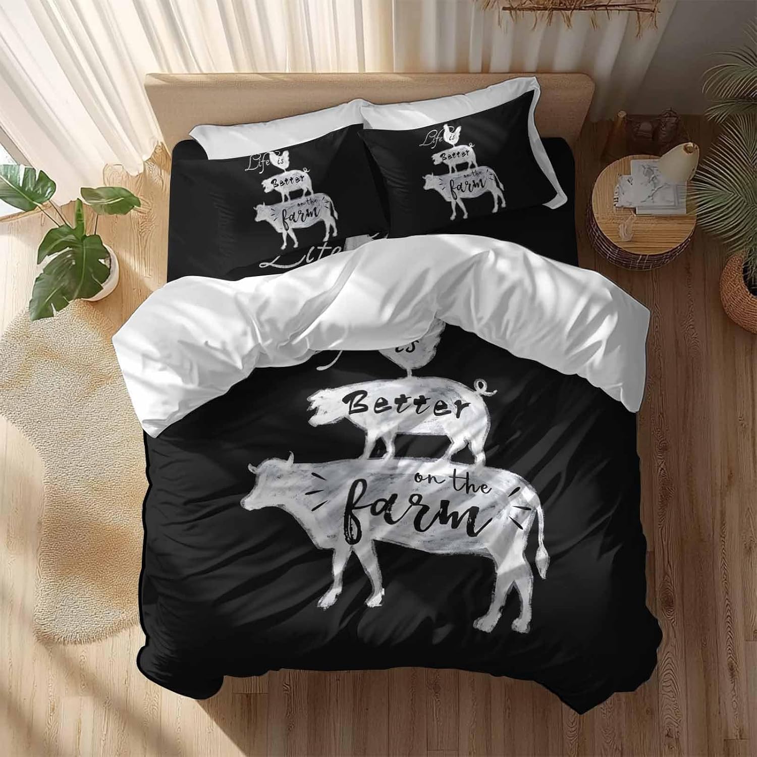 Prime Leader Retro Farm Duvet Cover Set Queen Size 4 Pieces Chicken Pig Cow Farmhouse Animal Black White Bedding Set with Zipper Closure, 1 Comforter Cover 90x92 Inches 1 Flat Sheet & 2 Pillow Cases