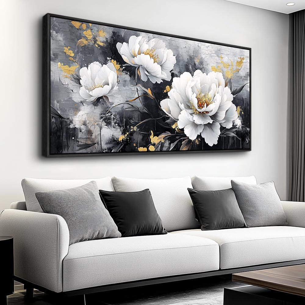PHAOHUAXM Large Canvas Black Framed Wall Art Decor For Living Room Bedroom Abstract Painting Ink-Wash White Flowers With Home Dining Room Decorations Prints Posters Modern Room Home Decor 24'X48'