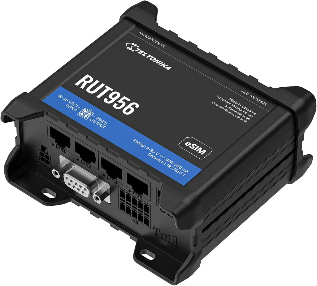 Teltonika RUT956 RUT956A30A00 Industrial 4G LTE Cellular Router, Dual SIM with eSIM, Wi-Fi & Ethernet, RS232/RS485, GNSS, Compatible with AT&T, Verizon & T-Mobile, North America Version