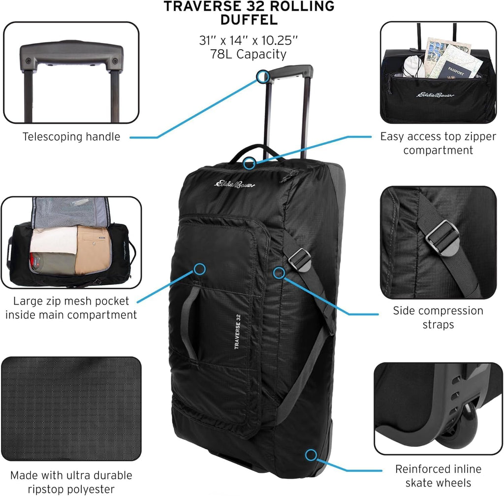 Eddie Bauer Traverse Luggage | Roller Wheels | Telescoping Handle | Travel | Vacation | Ripstop Nylon - Black, 31'