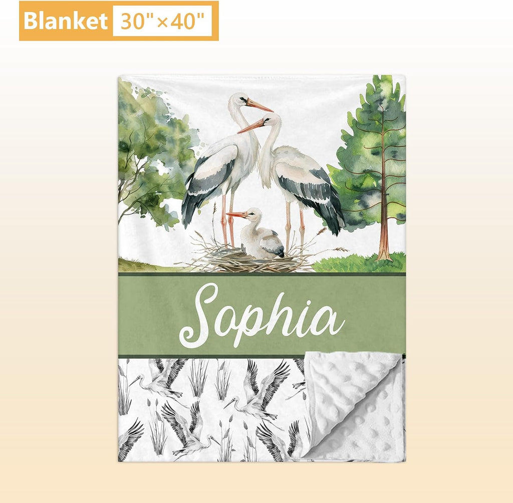 Terwex Custom Baby Crib Bedding Set, 5 Pcs Personalized Name Baby Crib Sets for Infant Toddler, Green Crane Nursery Bedding Set for Boy Girl, Double Layer Flannel Baby Bedding Sets Customized Gifts