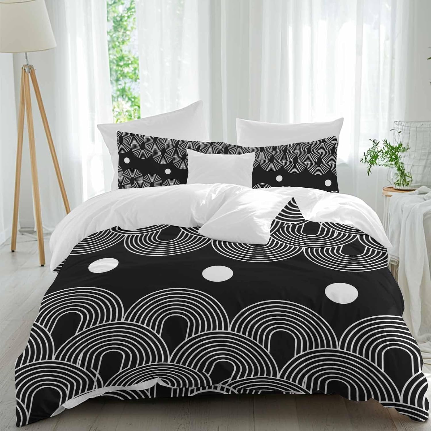 Prime Leader Black White Duvet Cover Set Queen Size 4 Pieces Abstract Line Boho Minimalist Arch Geometric Bedding Set with Zipper Closure, 1 Comforter Cover 86x86 Inches 1 Flat Sheet & 2 Pillow Cases