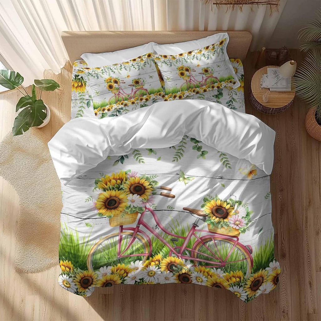 Spring Floral Duvet Cover Set Queen Size 4 Pieces Sunflower Daisy Bike Eucalyptus Leaves Grey Wood Bedding Set with Zipper Closure, 1 Comforter Cover 90x92 Inches 1 Flat Sheet & 2 Pillow Cases