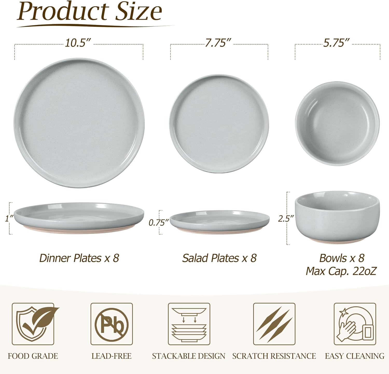 LIANYU Ceramic Dinnerware Dish Sets, Plates and Bowls Sets for 8, 24 PCS Dishware with Dinner Salad Plate and Cereal Bowls, Oven & Dishwasher Safe, Scratch Resistant, Glacier Gray