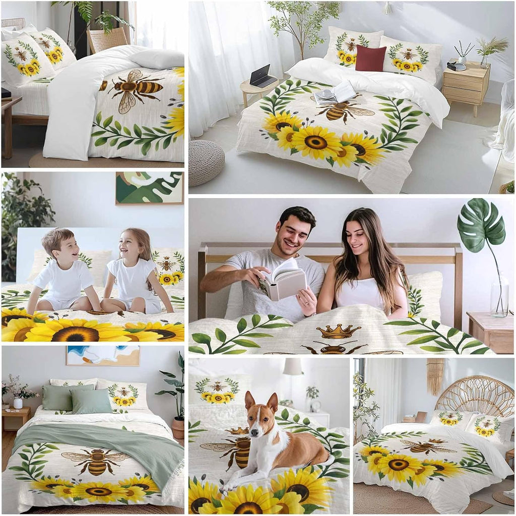Retro Crown Bee Duvet Cover Set Queen Size 4 Pieces Country Sunflowers Green Leaves Wood Grain Bedding Set with Zipper Closure, 1 Comforter Cover 92x106 Inches 1 Flat Sheet & 2 Pillow Cases