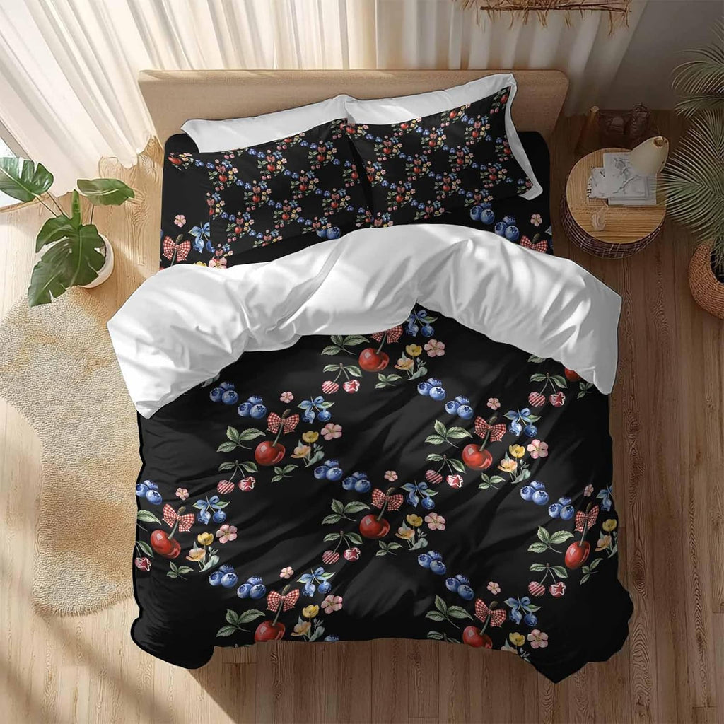 Red Cherry Blueberry Duvet Cover Set Queen Size 4 Pieces Country Farmhouse Flower Green Leaf Black Bedding Set with Zipper Closure, 1 Comforter Cover 90x92 Inches 1 Flat Sheet & 2 Pillow Cases