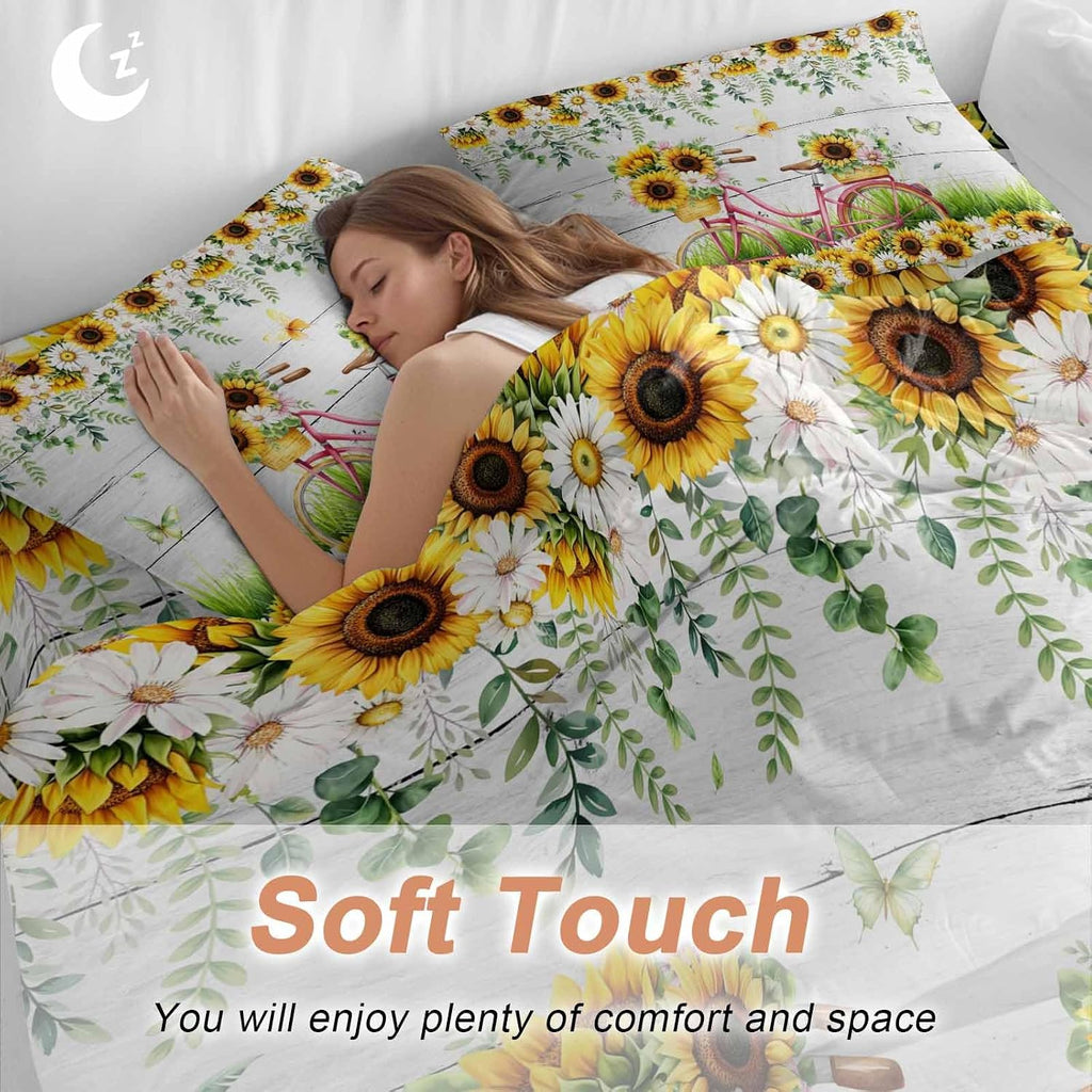 Spring Floral Duvet Cover Set Queen Size 4 Pieces Sunflower Daisy Bike Eucalyptus Leaves Grey Wood Bedding Set with Zipper Closure, 1 Comforter Cover 90x92 Inches 1 Flat Sheet & 2 Pillow Cases