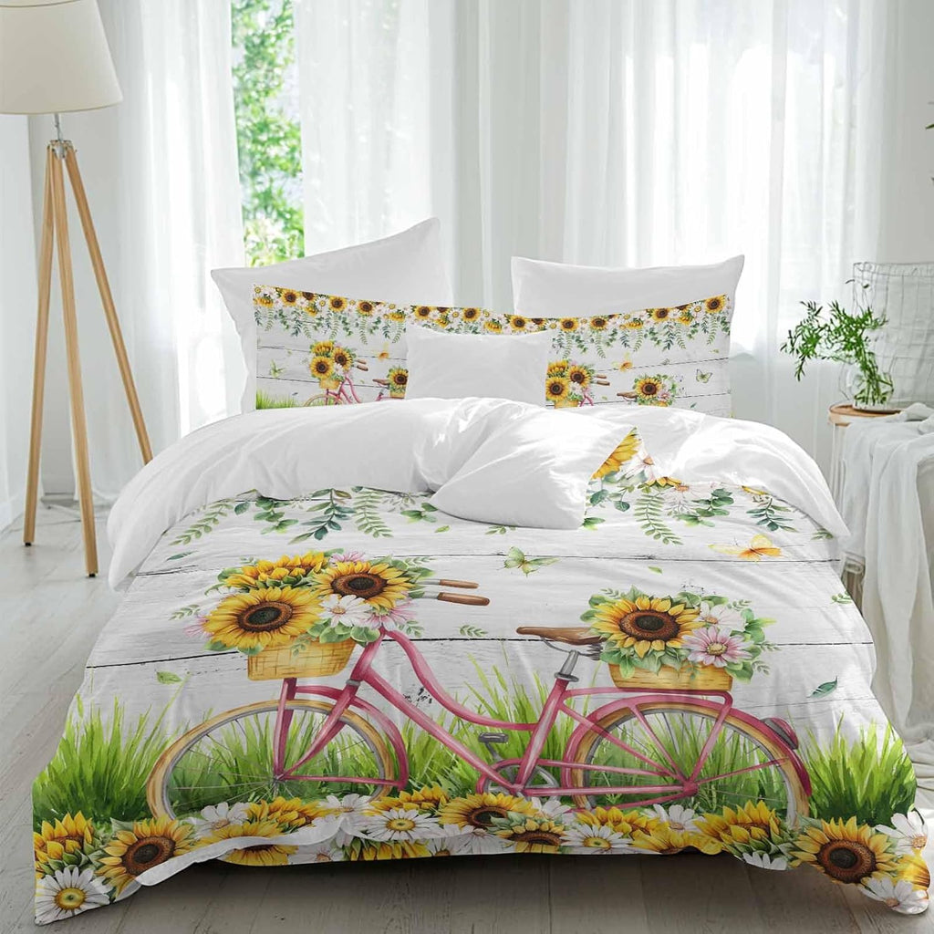 Spring Floral Duvet Cover Set Queen Size 4 Pieces Sunflower Daisy Bike Eucalyptus Leaves Grey Wood Bedding Set with Zipper Closure, 1 Comforter Cover 90x92 Inches 1 Flat Sheet & 2 Pillow Cases