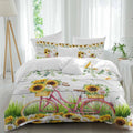Spring Floral Duvet Cover Set Queen Size 4 Pieces Sunflower Daisy Bike Eucalyptus Leaves Grey Wood Bedding Set with Zipper Closure, 1 Comforter Cover 90x92 Inches 1 Flat Sheet & 2 Pillow Cases