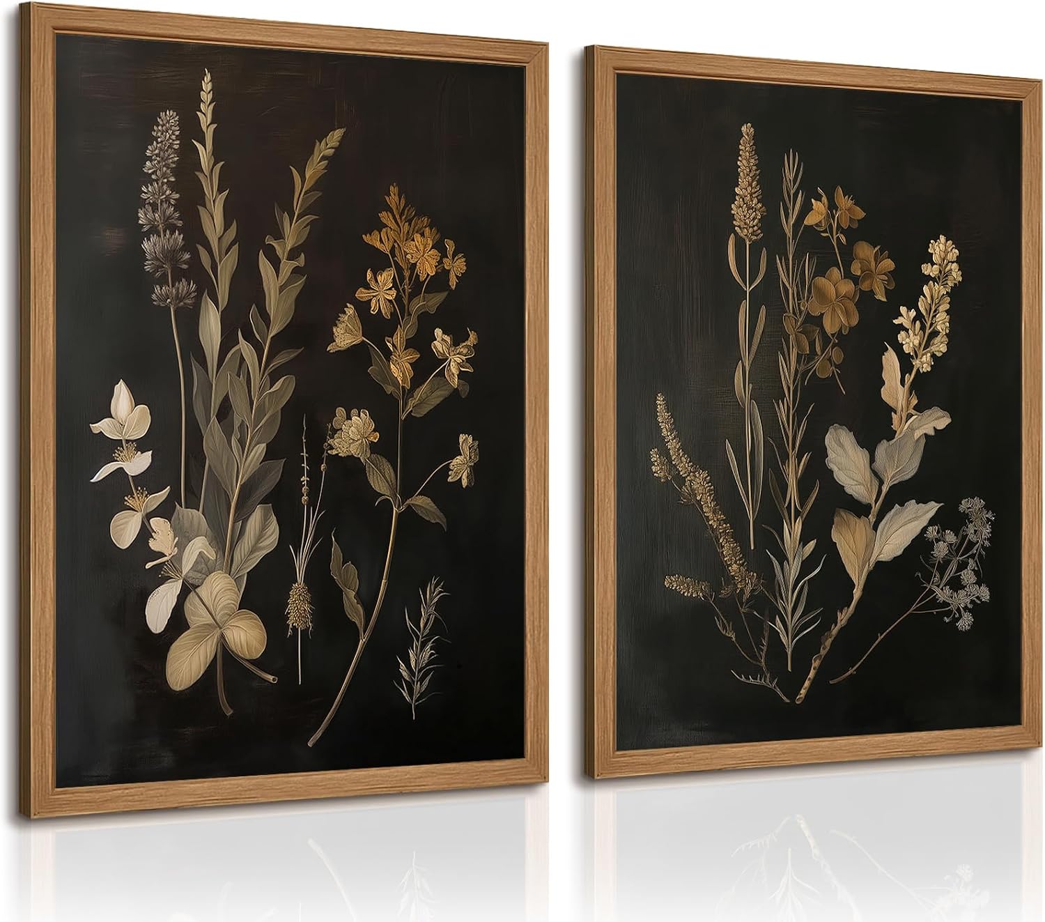 Vintage Floral Wall Art Decor Black Botanical Canvas Art Moody Flower Wall Art Dark Academia Poster Painting Vintage Floral Prints Pictures for Bedroom Living Room 24x36 Inch Wood Framed Set of 2