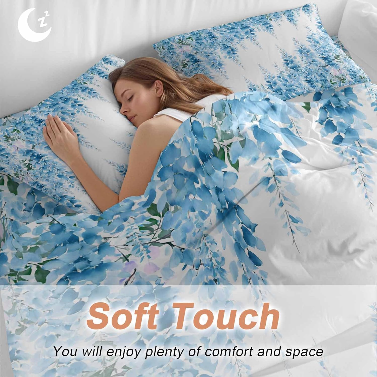 Prime Leader Blue Flowers Duvet Cover Set Queen Size 4 Pieces Watercolor Blue Wisteria Floral Bedding Set with Zipper Closure, 1 Comforter Cover 86x86 Inches 1 Flat Sheet & 2 Pillow Cases