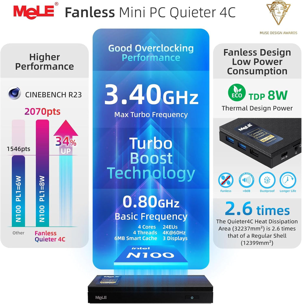 MeLE Mini PC Quieter 4C - 12th Gen N100, Fanless PC, 8GB Memory, 128GB Storage, 2.4/5G Wi-Fi, Full-Functional USB-C, 4K Triple Display Desktop on Home, Office, Education, Astrophotography