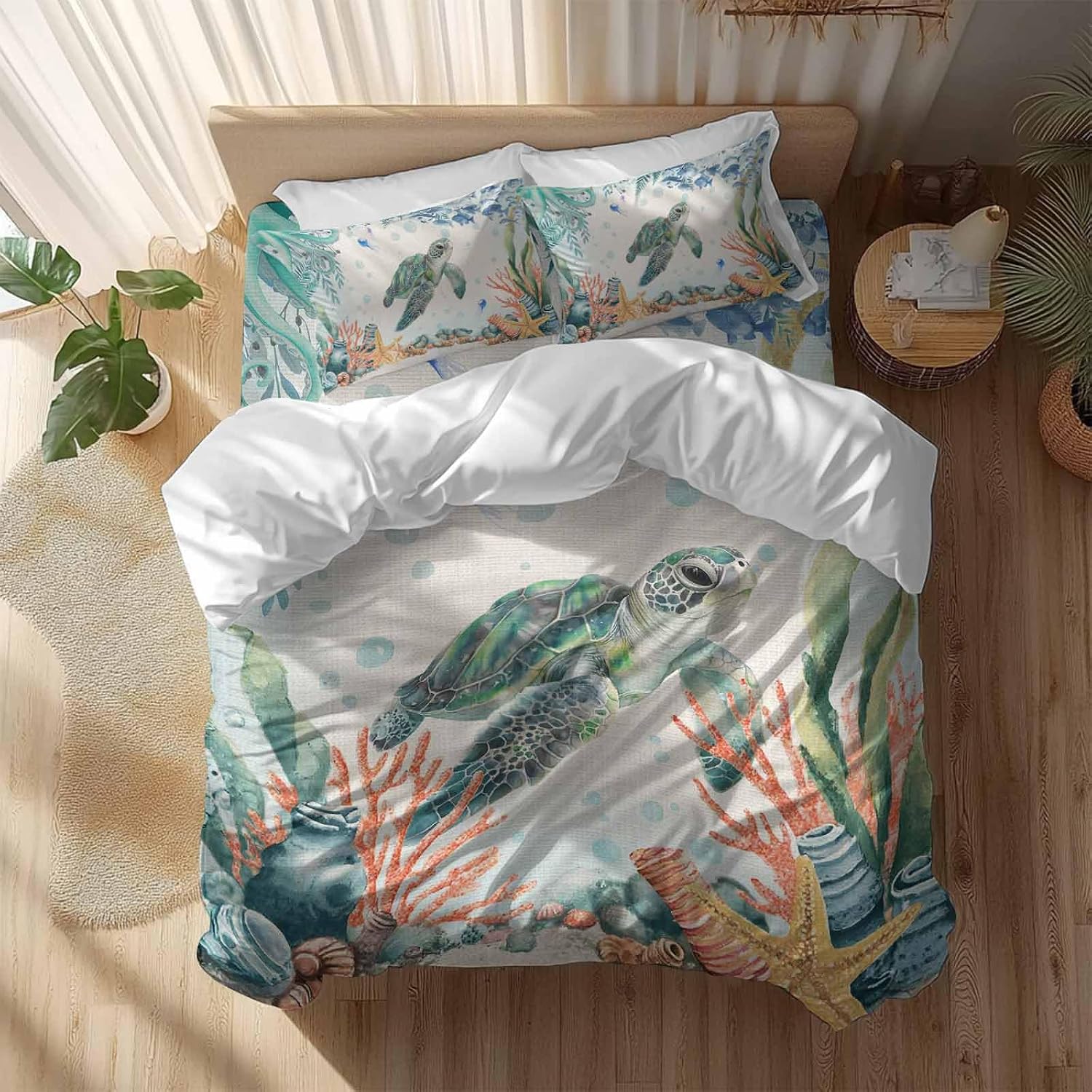Summer Ocean Turtle Duvet Cover Set Queen Size 4 Pieces Nautical Colorful Sea Fish Octopus Coral Linen Bedding Set with Zipper Closure, 1 Comforter Cover 90x92 Inches 1 Flat Sheet & 2 Pillow Cases