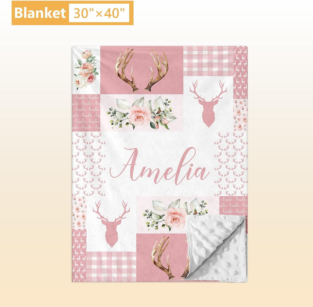 Terwex Personalized Baby Crib Bedding Set, 5 Pcs Custom Name Nursery Bedding Set, Pink Woodland Deer Baby Bedding Set for Girl, Double Layer Baby Crib Sets, Customized Gifts for Toddlers Kids Infants