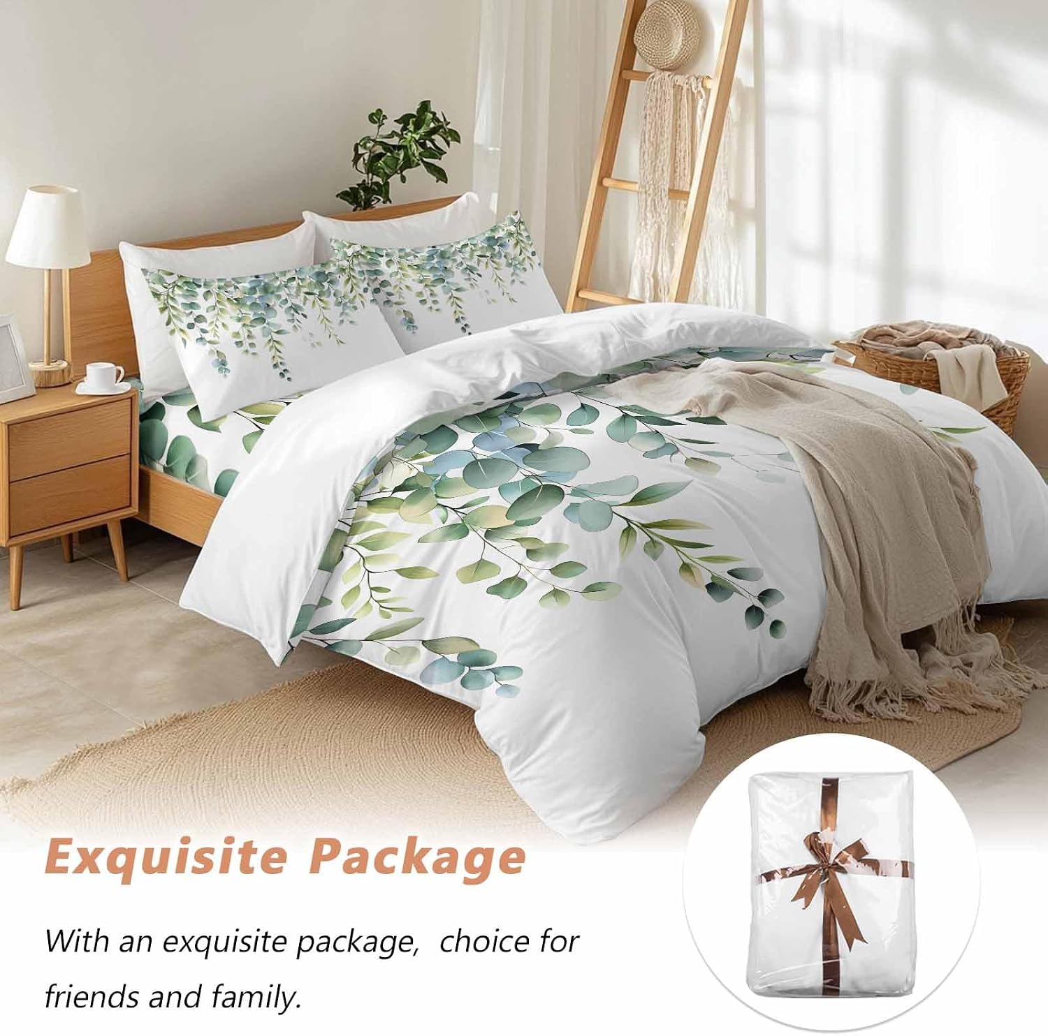 Prime Leader Green Leaves Duvet Cover Set Queen Size 4 Pieces Eucalyptus Leaf Watercolor Plant Botanical Bedding Set with Zipper Closure, 1 Comforter Cover 90x92 Inches 1 Flat Sheet & 2 Pillow Cases