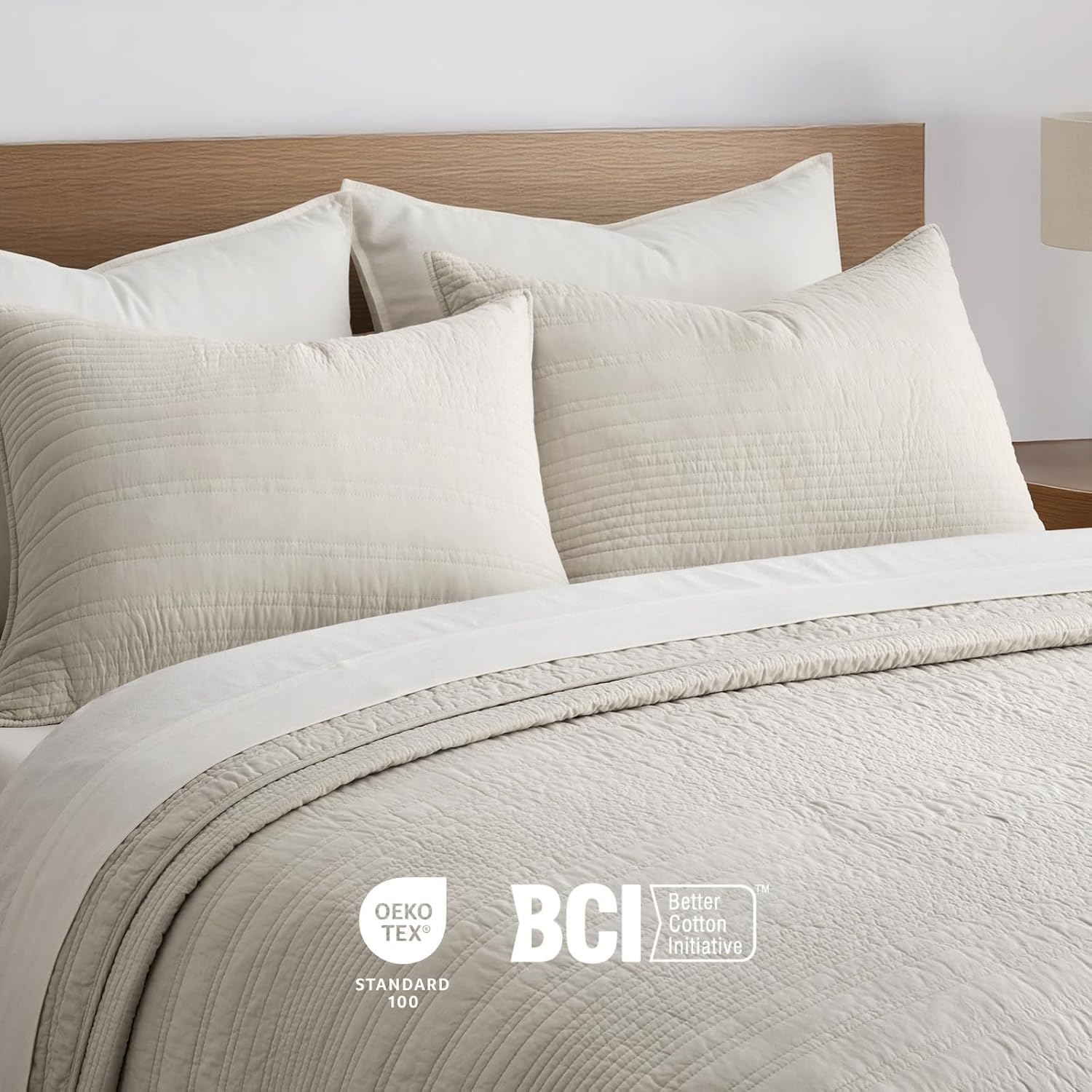 EVERGRACEHOME 100% Cotton Modern Lines Quilt Set Oversized King, Pre-Washed Soft Striped Coverlet Bedspread, 3 Piece Lightweight Bedding Set for All Season, with 2 Pillow Shams, Birch