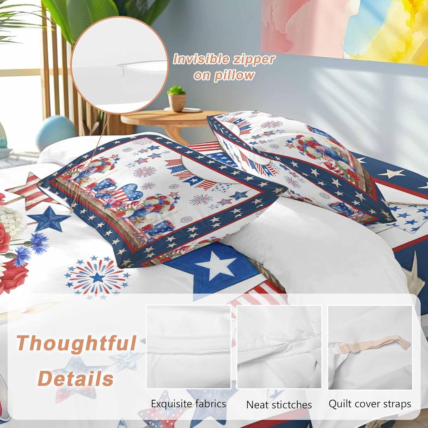 Prime Leader Independence Day Duvet Cover Set Queen Size 4 Pieces Retro Red Blue USA Flag Floral Star Bedding Set with Zipper Closure, 1 Comforter Cover 86x86 Inches 1 Flat Sheet & 2 Pillow Cases