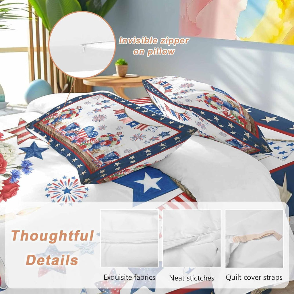 Prime Leader Independence Day Duvet Cover Set Queen Size 4 Pieces Retro Red Blue USA Flag Floral Star Bedding Set with Zipper Closure, 1 Comforter Cover 92x106 Inches 1 Flat Sheet & 2 Pillow Cases