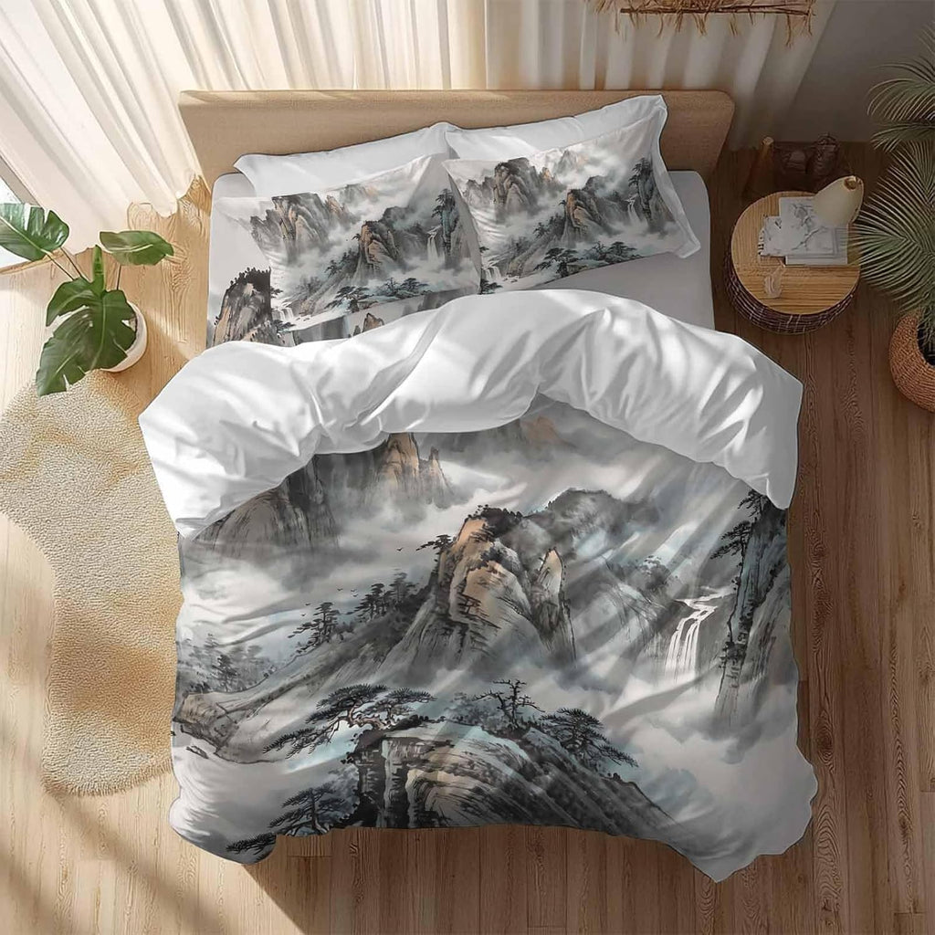 Prime Leader Mountain Cloud Duvet Cover Set Queen Size 4 Pieces Tree Water Ink Painting Chinese Wind Bedding Set with Zipper Closure, 1 Comforter Cover 92x106 Inches 1 Flat Sheet & 2 Pillow Cases