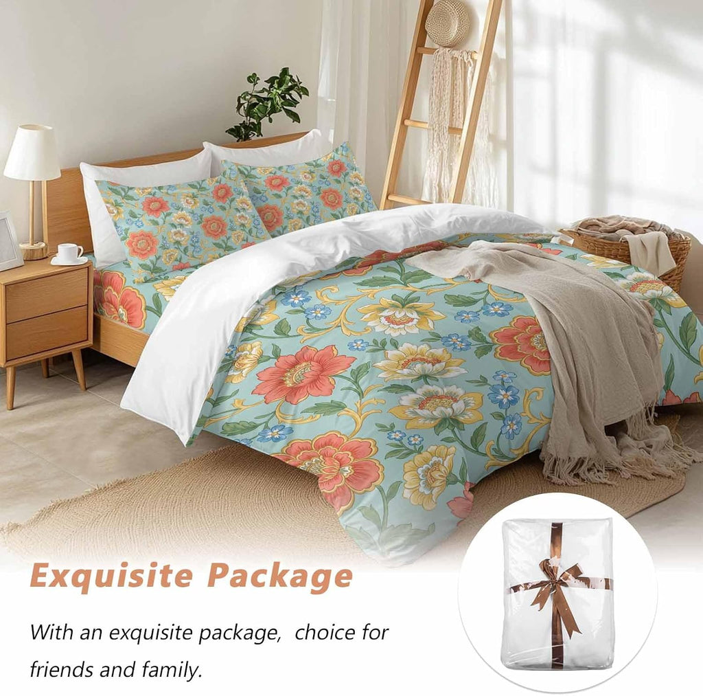 Embroidery Floral Duvet Cover Set Queen Size 4 Pieces Country Oriental Traditional Flower Red Teal Bedding Set with Zipper Closure, 1 Comforter Cover 92x106 Inches 1 Flat Sheet & 2 Pillow Cases