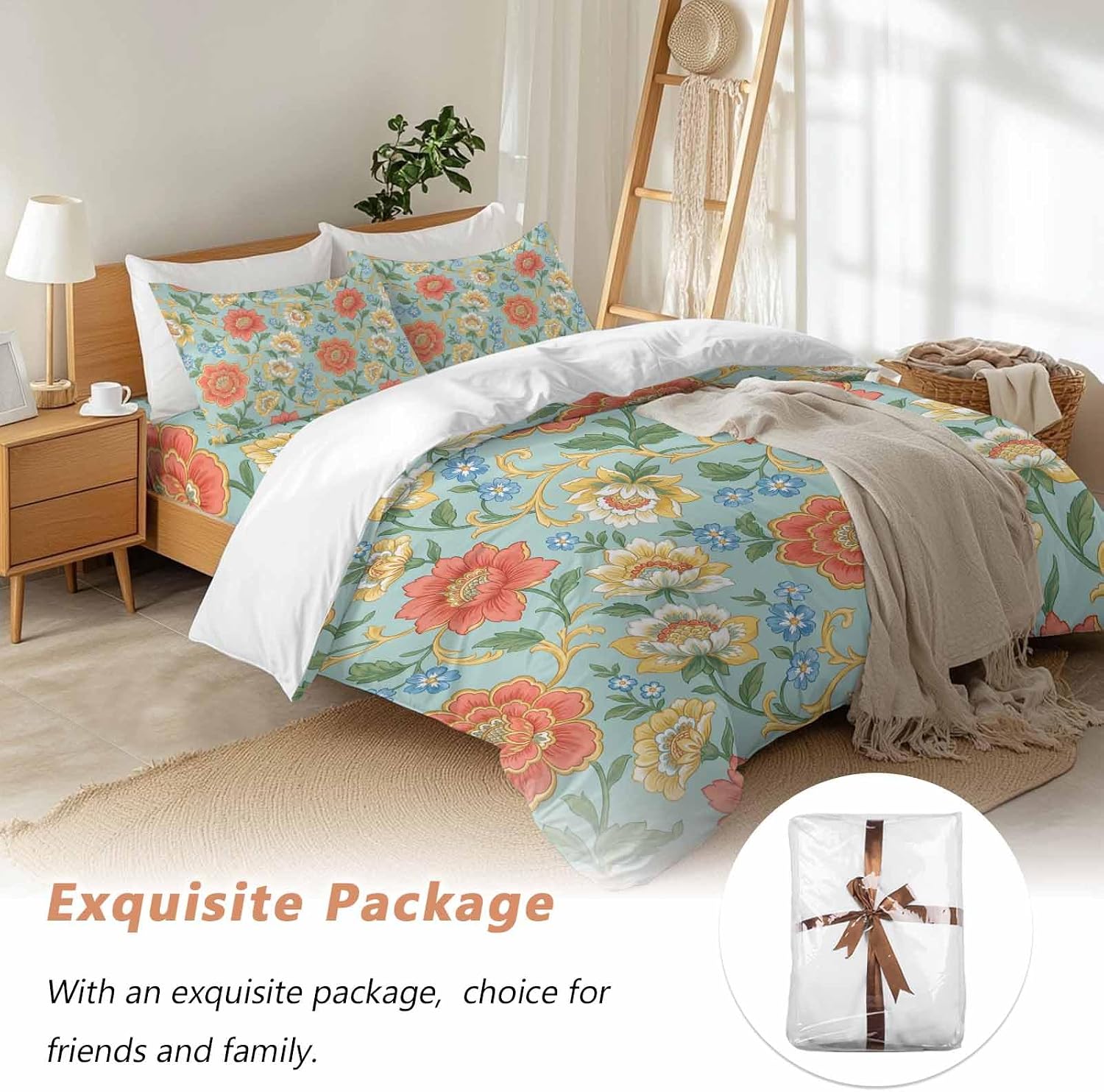Embroidery Floral Duvet Cover Set Queen Size 4 Pieces Country Oriental Traditional Flower Red Teal Bedding Set with Zipper Closure, 1 Comforter Cover 92x106 Inches 1 Flat Sheet & 2 Pillow Cases
