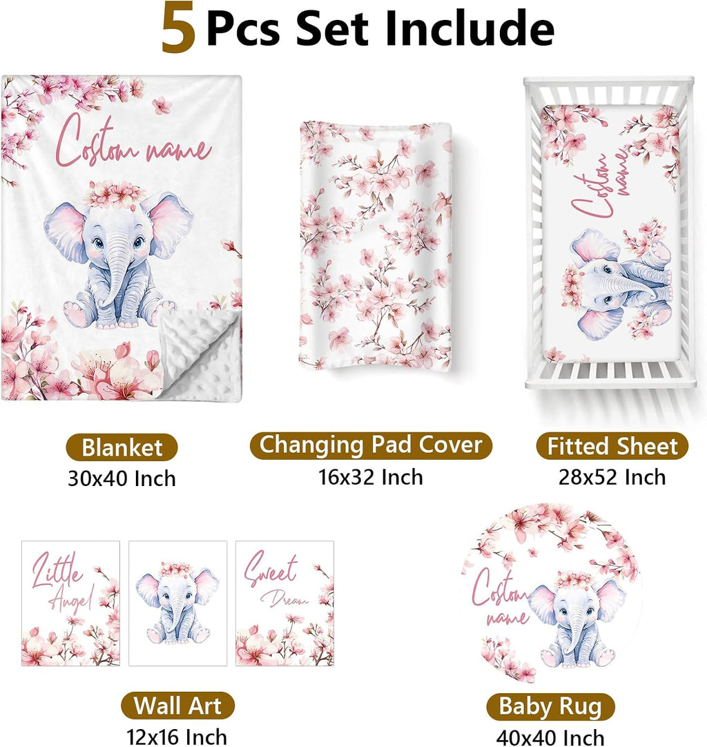 Terwex Personalized Baby Bedding Set, 5 Pcs Custom Name Bedding for Girls Boys - Nursery Bedding for Crib, Soft Toddler Bedding Sets for Infant Customized Gifts, Flower Elephant