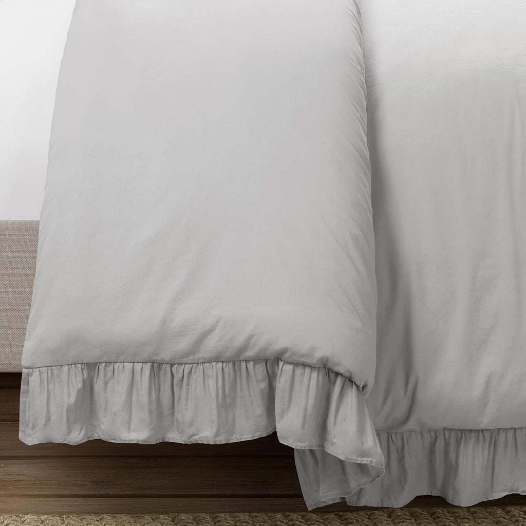 Lush Decor Reyna Ruffle Cotton Duvet Cover Set 3 Piece Set King, Light Gray - King Size Bedding Set - Gray Duvet King- Ruffled Bedding - Coquette Decor
