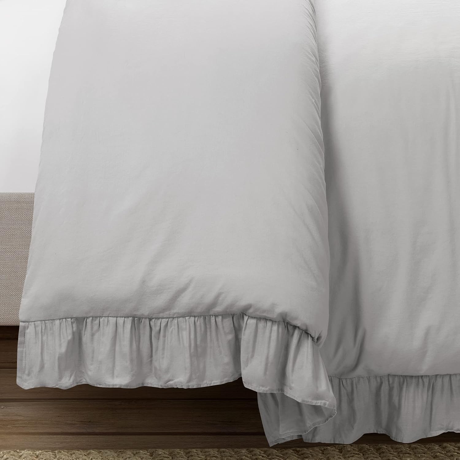 Lush Decor Reyna Ruffle Cotton Duvet Cover Set 3 Piece Set King, Light Gray - King Size Bedding Set - Gray Duvet King- Ruffled Bedding - Coquette Decor