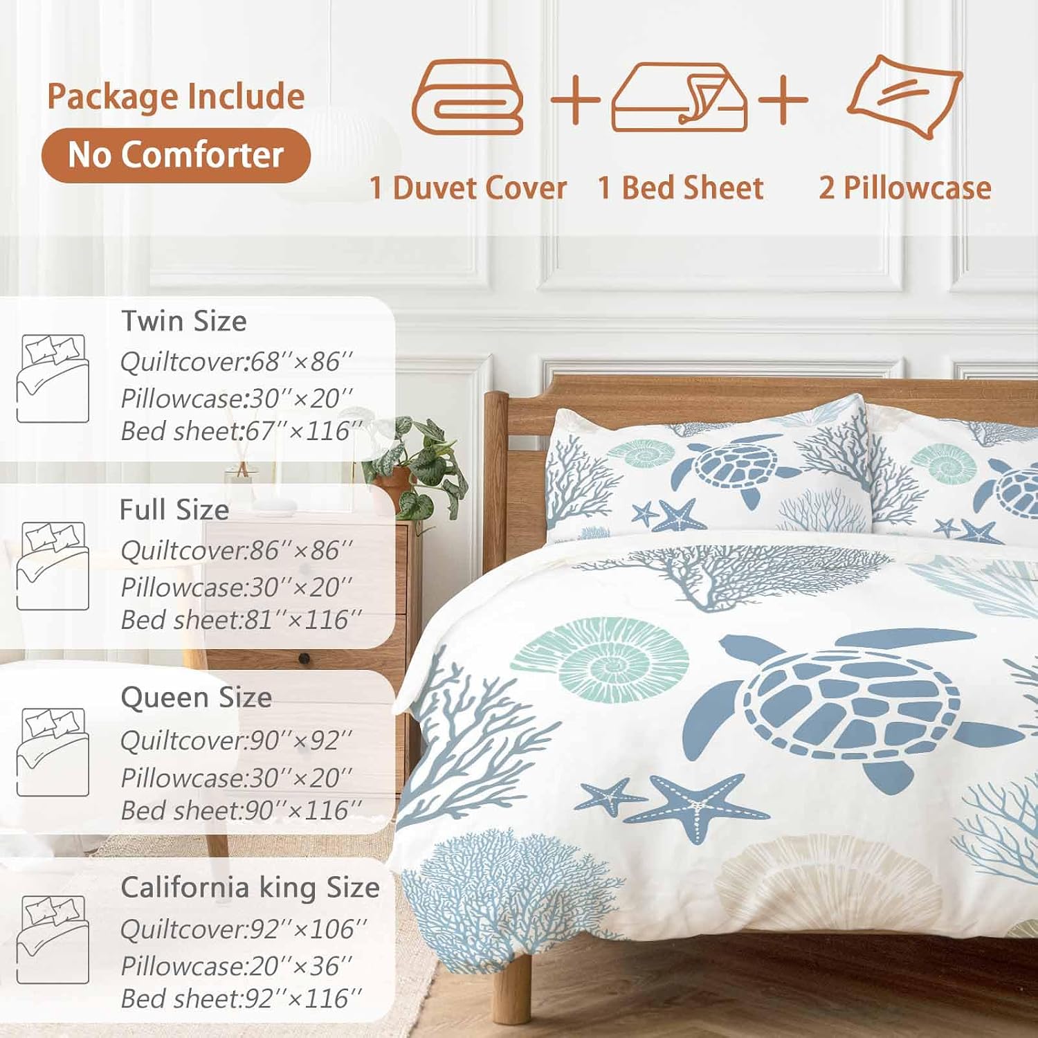 Summer Marine Life Duvet Cover Set Queen Size 4 Pieces Graffiti Sea Turtle Starfish Teal Conch Coral Bedding Set with Zipper Closure, 1 Comforter Cover 90x92 Inches 1 Flat Sheet & 2 Pillow Cases