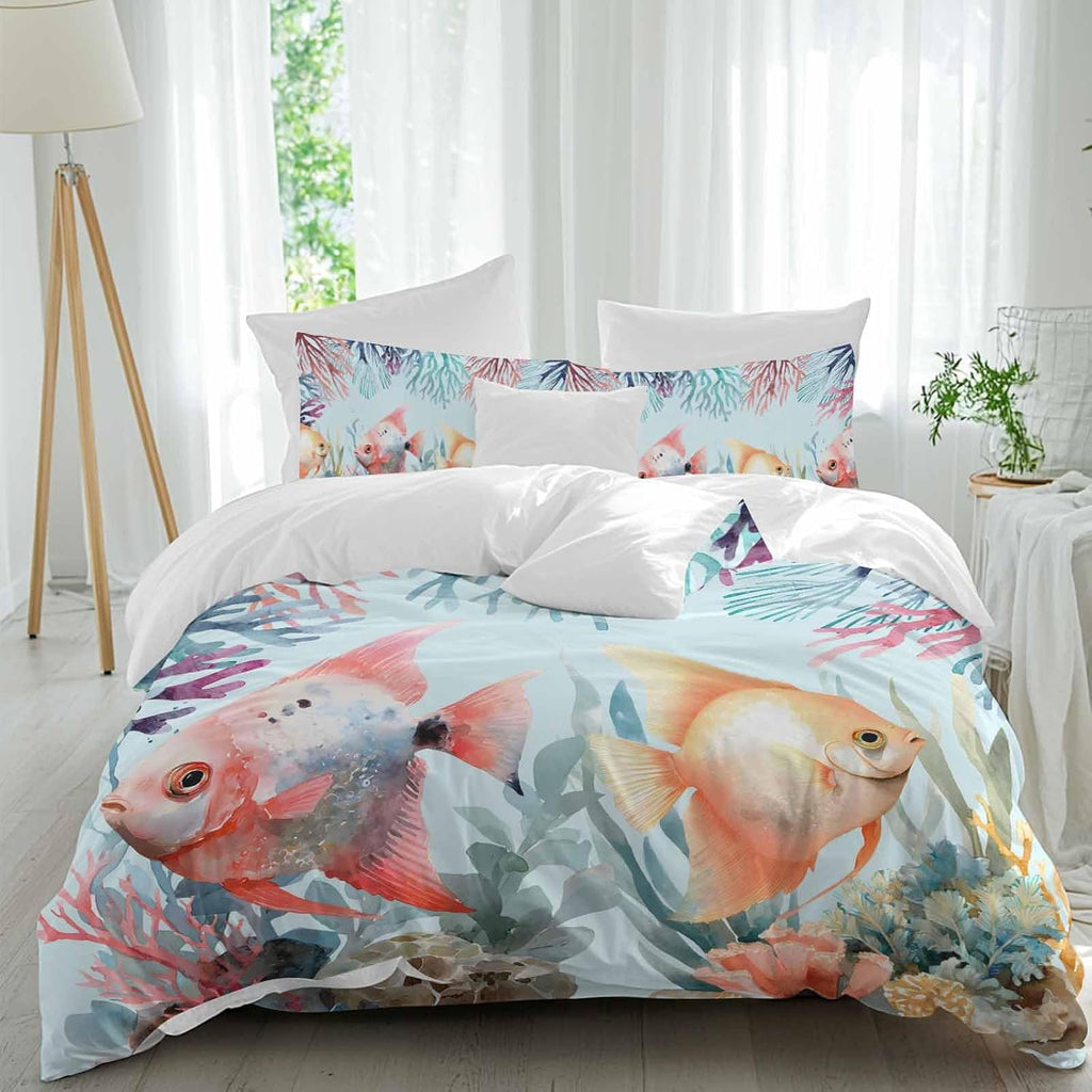 Summer Fish Duvet Cover Set Queen Size 4 Pieces Nautical Watercolor Orange Red Marine Life Coral Seaweed Bedding Set with Zipper Closure, 1 Comforter Cover 86x86 Inches 1 Flat Sheet & 2 Pillow Cases