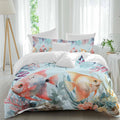 Summer Fish Duvet Cover Set Queen Size 4 Pieces Nautical Watercolor Orange Red Marine Life Coral Seaweed Bedding Set with Zipper Closure, 1 Comforter Cover 86x86 Inches 1 Flat Sheet & 2 Pillow Cases