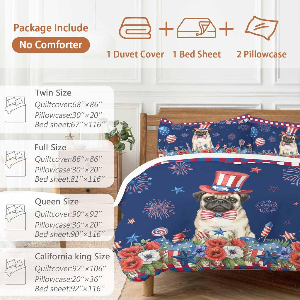 Independence Day Duvet Cover Set Queen Size 4 Pieces Cartoon Pug Dog Cute Puppy Colorful Poppy Bedding Set with Zipper Closure, 1 Comforter Cover 86x86 Inches 1 Flat Sheet & 2 Pillow Cases