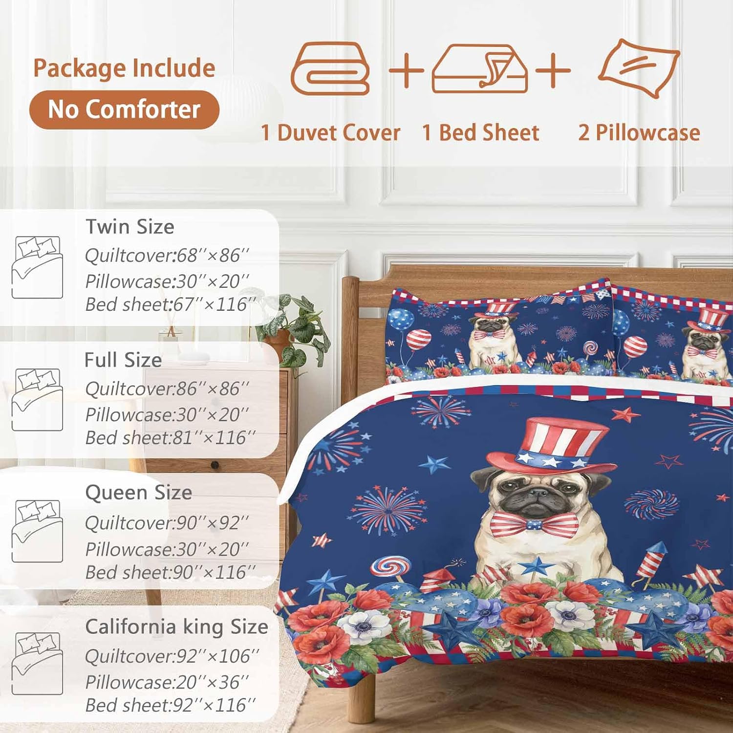 Independence Day Duvet Cover Set Queen Size 4 Pieces Cartoon Pug Dog Cute Puppy Colorful Poppy Bedding Set with Zipper Closure, 1 Comforter Cover 86x86 Inches 1 Flat Sheet & 2 Pillow Cases