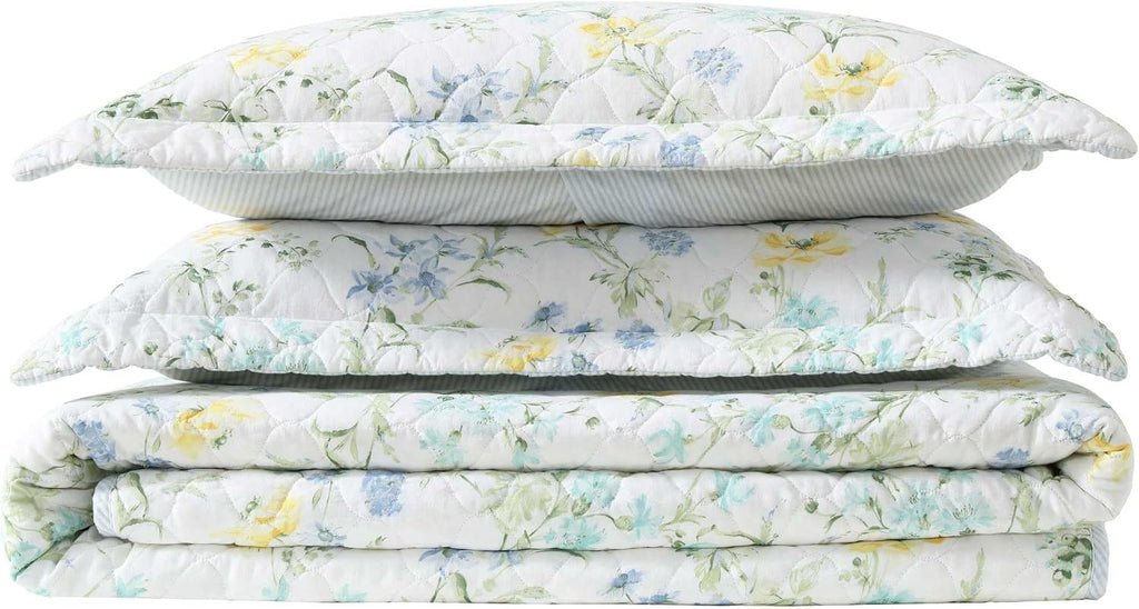 Laura Ashley - King Quilt Set, 100% Soft Cotton Bed Set for Year Round Comfort, 3 Piece Floral Bedding with Matching Pillowcases (Poppy Meadow Blue)