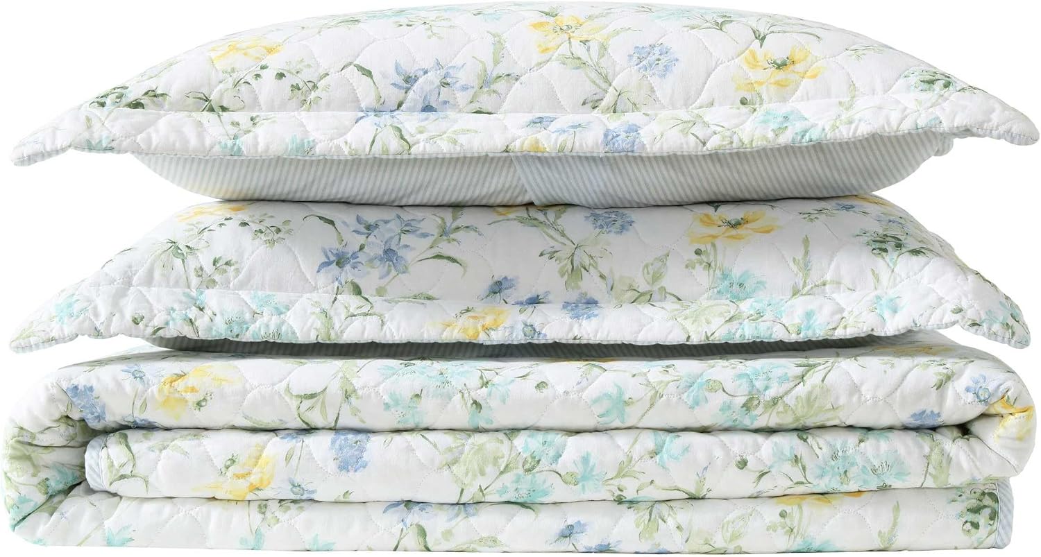 Laura Ashley - King Quilt Set, 100% Soft Cotton Bed Set for Year Round Comfort, 3 Piece Floral Bedding with Matching Pillowcases (Poppy Meadow Blue)