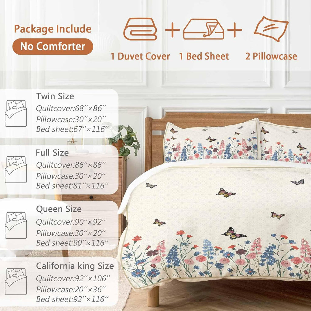 Spring Florals Duvet Cover Set Queen Size 4 Pieces Vintage Pink Blue Flower Butterflies Plants Bedding Set with Zipper Closure, 1 Comforter Cover 92x106 Inches 1 Flat Sheet & 2 Pillow Cases
