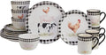 On the Farm 16-Piece Dinnerware Set – Country Farmhouse Plates, Bowls & Mugs for 4 – Ceramic Dinnerware Featuring Cow, Pig, Rooster, Duck & Gingham Design – Rustic Kitchen Tableware