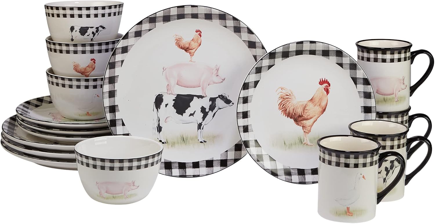 On the Farm 16-Piece Dinnerware Set – Country Farmhouse Plates, Bowls & Mugs for 4 – Ceramic Dinnerware Featuring Cow, Pig, Rooster, Duck & Gingham Design – Rustic Kitchen Tableware