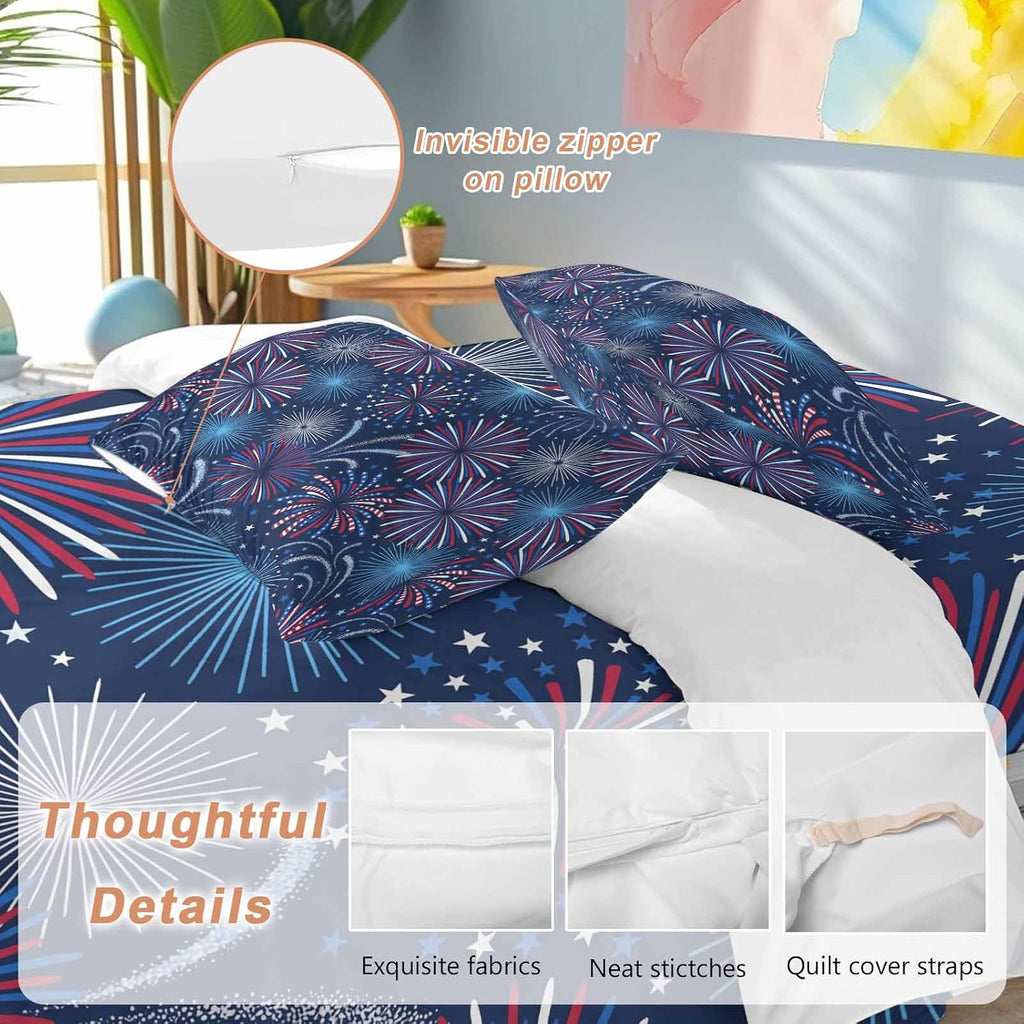 Independence Day Firework Duvet Cover Set Queen Size 4 Pieces Patriotic Red Blue Firework Dark Blue Bedding Set with Zipper Closure, 1 Comforter Cover 86x86 Inches 1 Flat Sheet & 2 Pillow Cases
