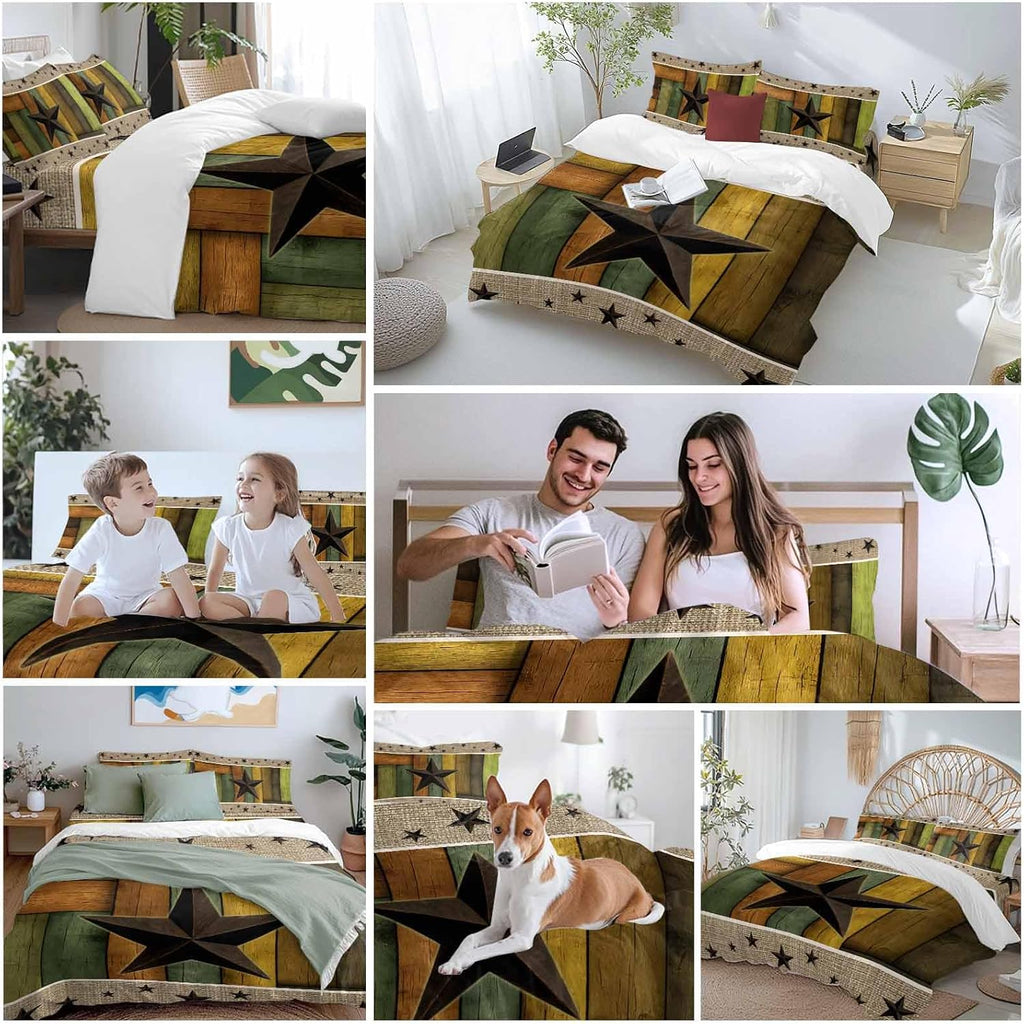 Texas Star Duvet Cover Set Queen Size 4 Pieces Retro Chic Western Texas Star Pattern Wooden Grain Bedding Set with Zipper Closure, 1 Comforter Cover 86x86 Inches 1 Flat Sheet & 2 Pillow Cases