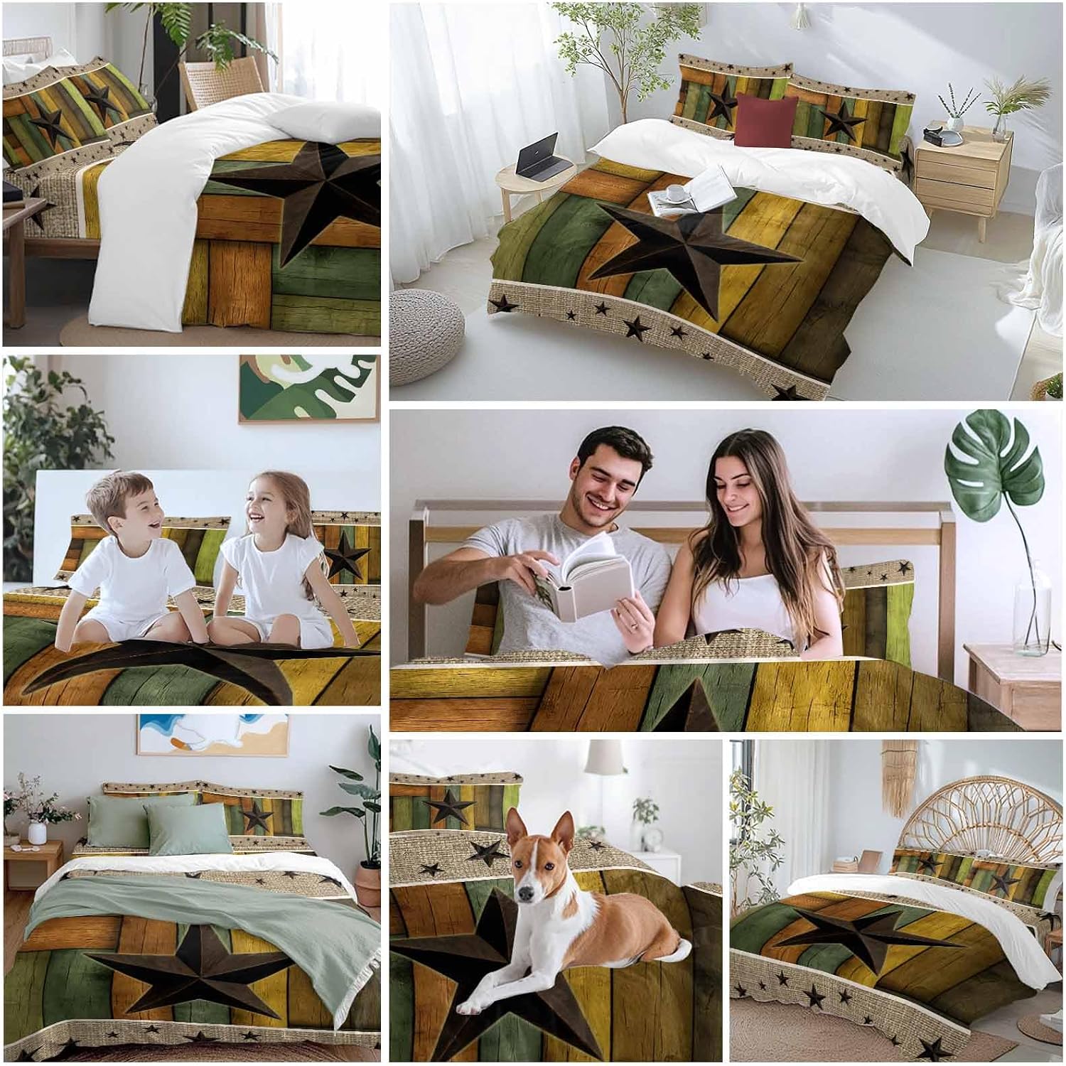 Texas Star Duvet Cover Set Queen Size 4 Pieces Retro Chic Western Texas Star Pattern Wooden Grain Bedding Set with Zipper Closure, 1 Comforter Cover 86x86 Inches 1 Flat Sheet & 2 Pillow Cases