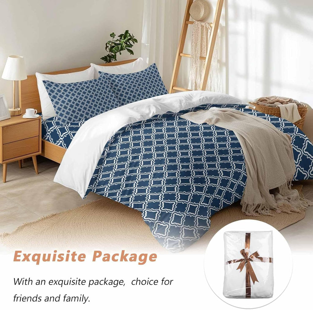 Prime Leader Blue White Plaid Duvet Cover Set Queen Size 4 Pieces Abstract Blue Morocco Texture Bedding Set with Zipper Closure, 1 Comforter Cover 90x92 Inches 1 Flat Sheet & 2 Pillow Cases