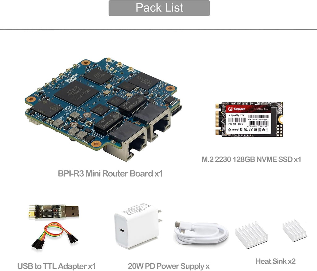 Banana Pi BPI-R3 Mini Wi-Fi 6 Wireless Dual-Band Router Board, OpenWRT Development Board, MediaTek MT7986 (Filogic 830) CPU, 2GB DDR4 RAM 8GB eMMC, Support M.2 NVMe SSD 2X 2.5GbE SFP Ethernet