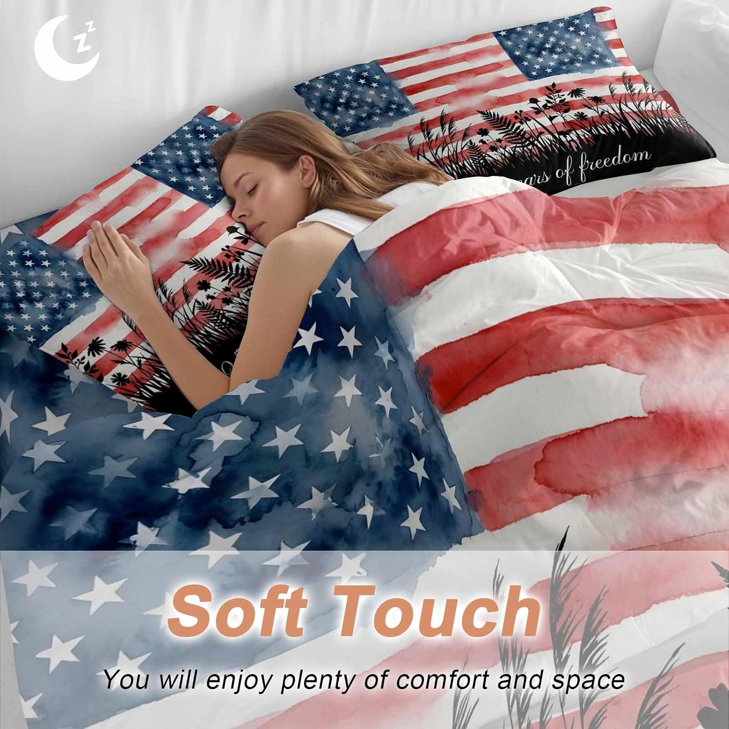 Prime Leader 250 Years of Freedom Duvet Cover Set Queen Size 4 Pieces Watercolor America Flag Plant Fower Bedding Set with Zipper Closure, 1 Comforter Cover 86x86 Inches 1 Flat Sheet & 2 Pillow Cases
