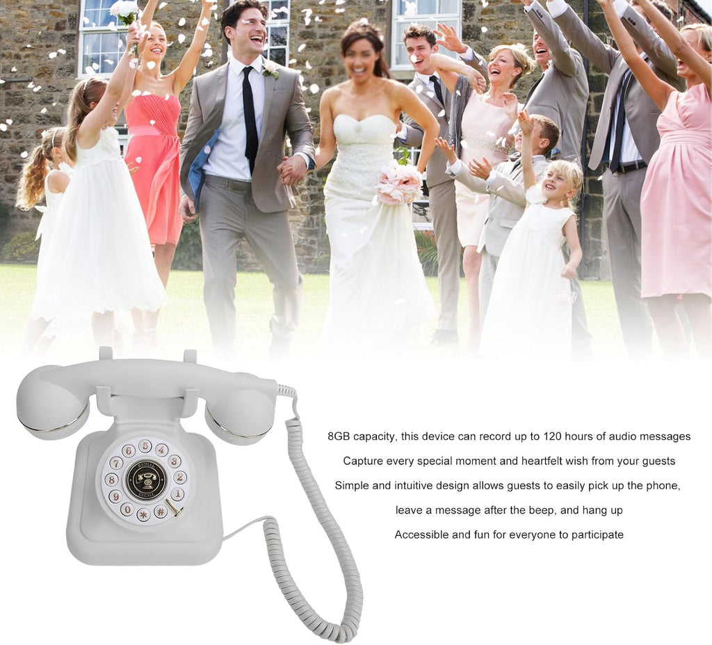 Wedding Recorder Audio Guestbook, Antique Telephones with Recording Function Retro Keypad Phone, 8G Capacity Audio Messages Telephone Record (White)